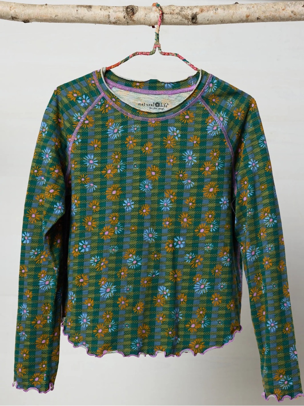 NATURAL LIFE Green Floral Plaid Long Sleeve Tee with Pink Trim